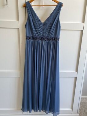 Alex Evenings Dusty Blue Sleeveless Chiffon Maxi Dress with Beaded Waist